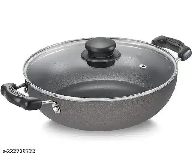 Aluminium Nonstick Kadhai with Glass Lid, Black, 3 L