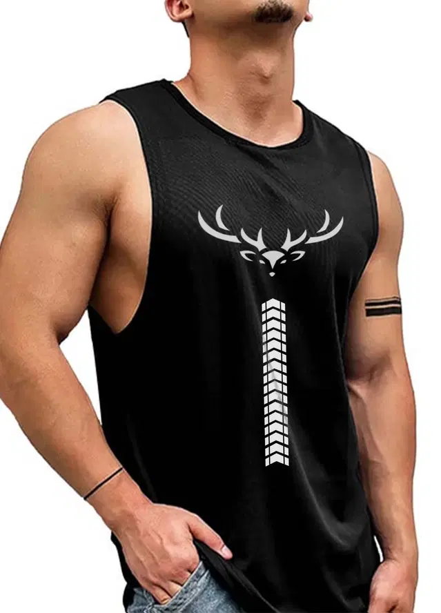Polyester Printed Vest for Men (Black, M)