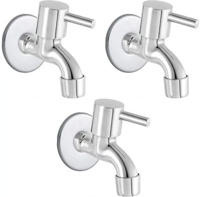 Stainless Steel Short Body Bib Cock Tap with Wall Flange, Silver, Set of 3