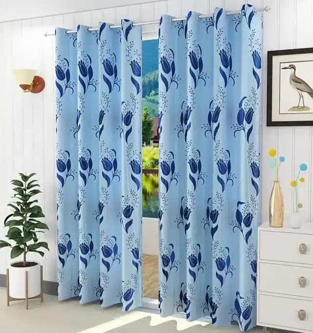 Polyester Printed Window & Door Curtains, Pack of 2, Blue, 5 feet