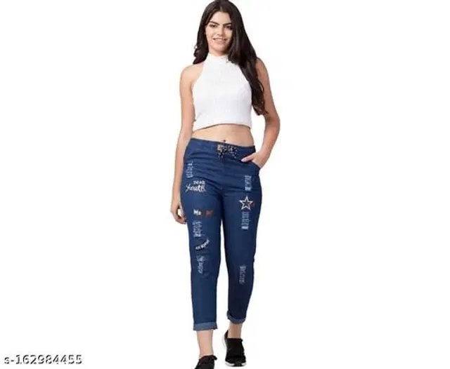Denim Printed Jeans for Girls (Navy Blue, 12-13 Years)