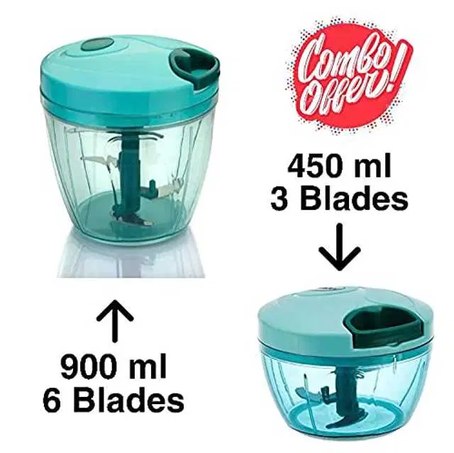 Leppy Products Manual Vegetable Handy Chopper And Quick Cutter Machine For Kitchen, 450 ml + 1000 ml, Green, Pack Of 2, A-12