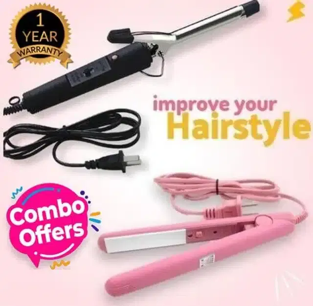 Mini Hair Straightener with Curler Combo, Multicolor, Set of 2