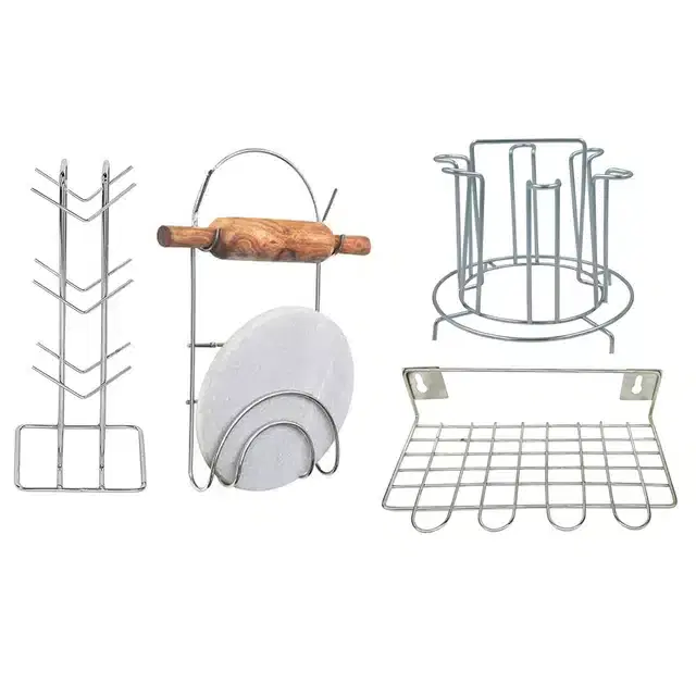 Stainless Steel Cup Stand & Glass Holder with Chakla Belan Stand & Utensil Holder, Set of 4, Silver