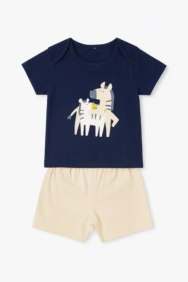 Cotton Printed Clothing Set for Boys, Blue & Cream (0-6 Months)