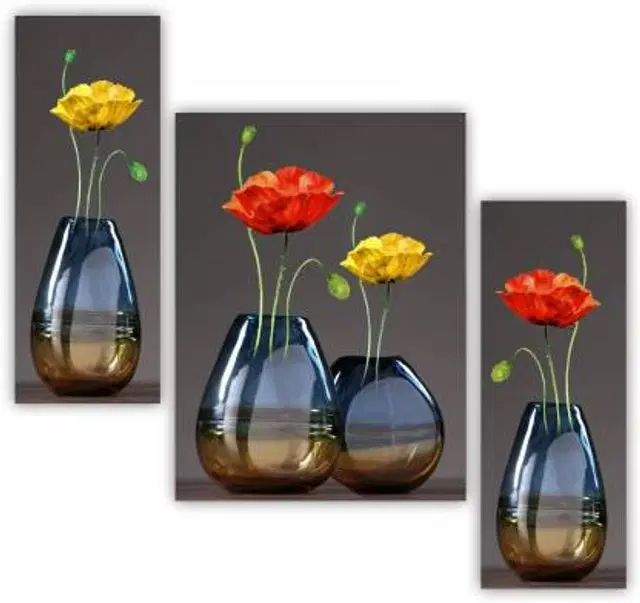 Flower Pot Wall Paintings With Frame For Home Decor, 18 Inch X 12 Inch Painting, With Frame, Pack Of 3