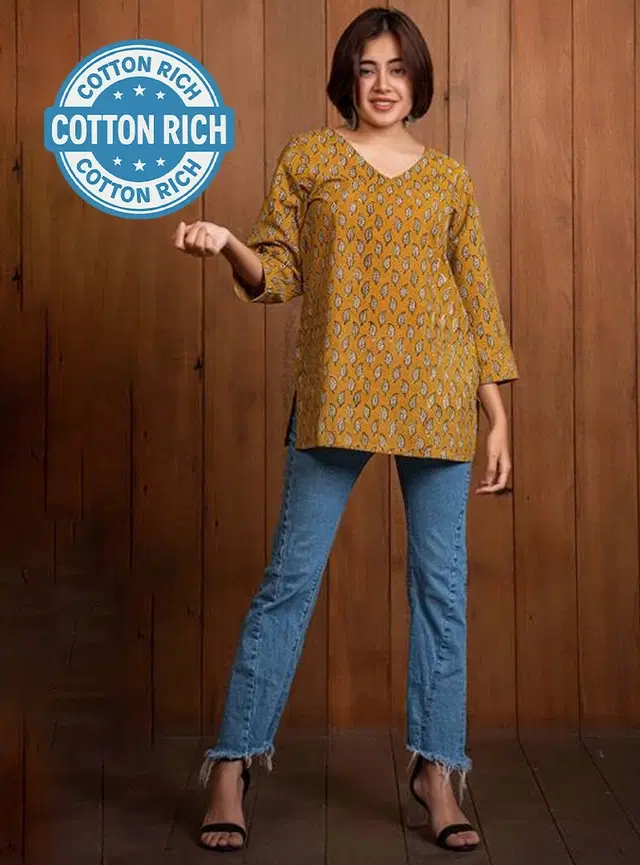 Cotton Blend Block Print Kurti for Women, Yellow (XS)
