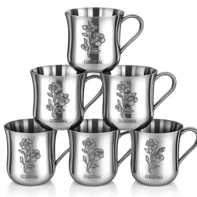 LEROYAL Stainles Steel Tea Cup, Pack of 6, Silver