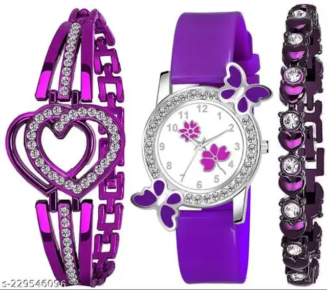 Analog Watch with 2 Pcs Braeclet for Women, Set of 3 (Multicolor)