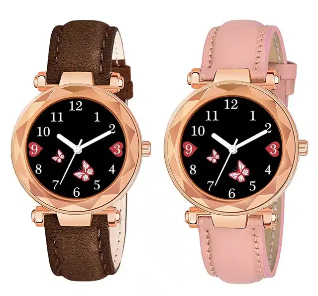 Designer Leather Analog Watch for Women & Girls, Pack of 2 (Brown & Peach)