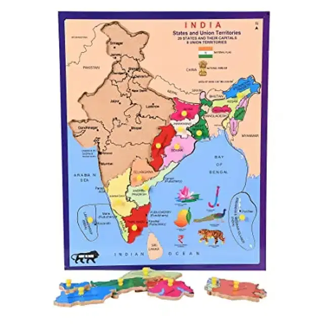 Wooden India Map Board with Cutouts for Kids, 21x28 cm, Multicolor