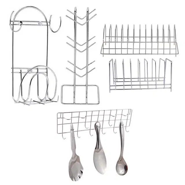 Stainless Steel Cup Stand Cup Holder & Plate Stand & Chakla Belan Stand With Hook & Hook Rail For Kitchen, Set of 5, OC-041