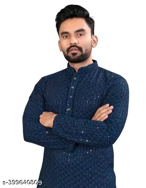 Embellished Mandarin Neck Kurta for Men (Navy Blue, XXS)