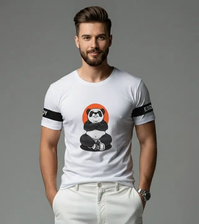 Polyester Printed T-shirt for Men, White (M)