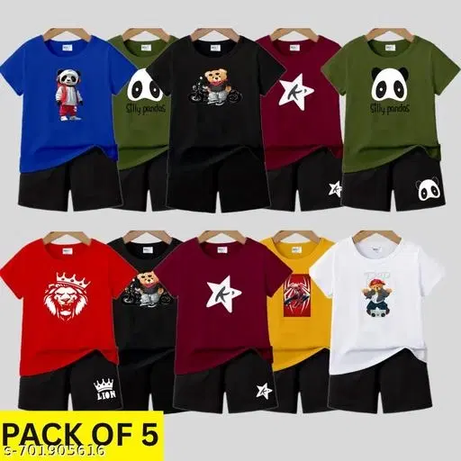 Cotton Blend Printed Clothing Set for Boys, Multicolour, Pack Of 5 (3-6 Months)