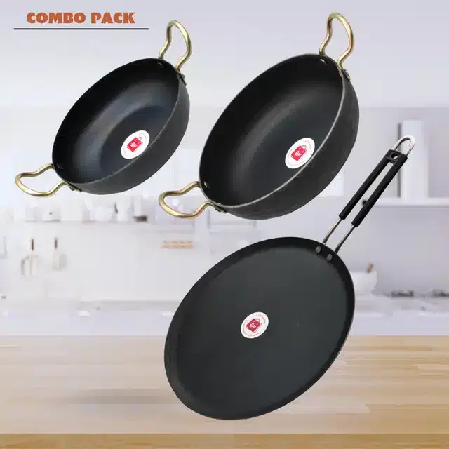 LAZYwindow Iron Deep Bottom Kadai with Insulated Handle Tawa Combo, Black, Pack of 3