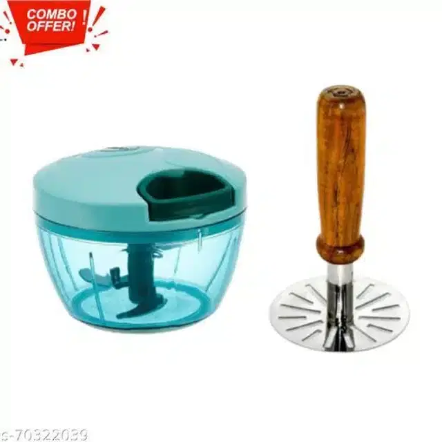 Manual Chopper with Vegetable Masher for Kitchen, Green & Silver, Set of 2