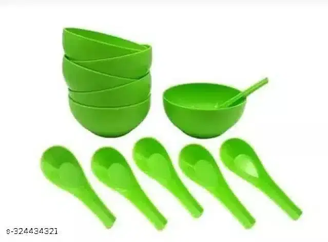 Plastic 6 Pcs Bowls, 250 ml with 6 Pcs Spoons, Green, Set of 2
