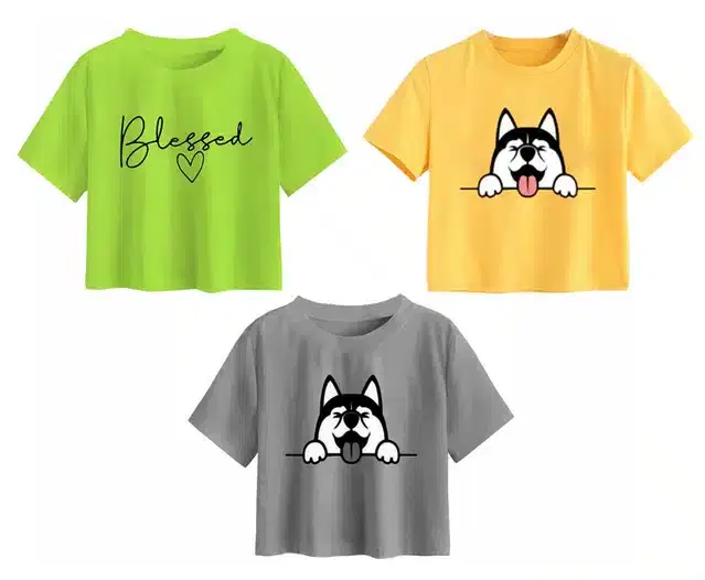 Cotton Printed Crop Tops for Girls, Pack of 3 (Multicolor, 11-12 Years)
