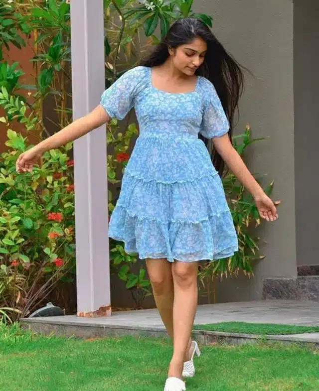 Women's Printed Flared Dress (Aqua Blue, S)