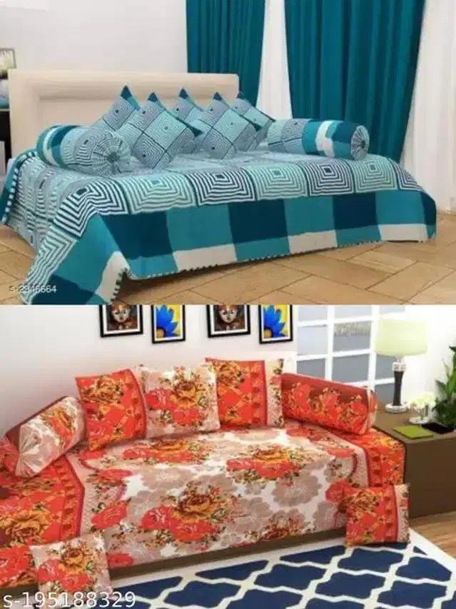 Polycotton Diwan Cover Set, Teal & Orange, Combo of 2