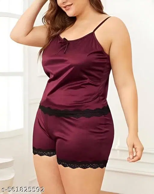 Cotton Blend Night Dress for Women, Maroon (S)