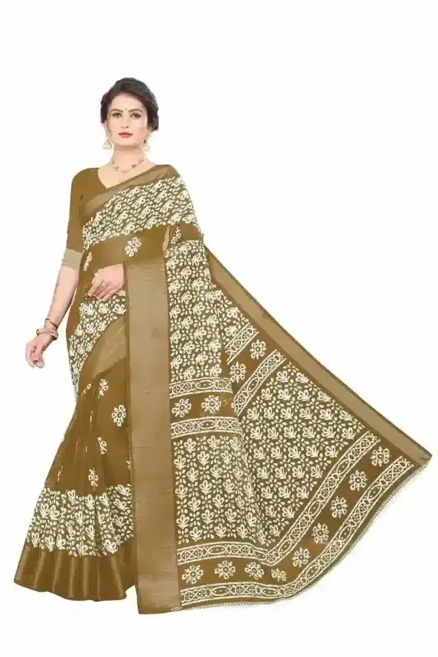 Sharda Creation Linen Ethnic Motif Printed Sarees (Brown) (Sharda_429)