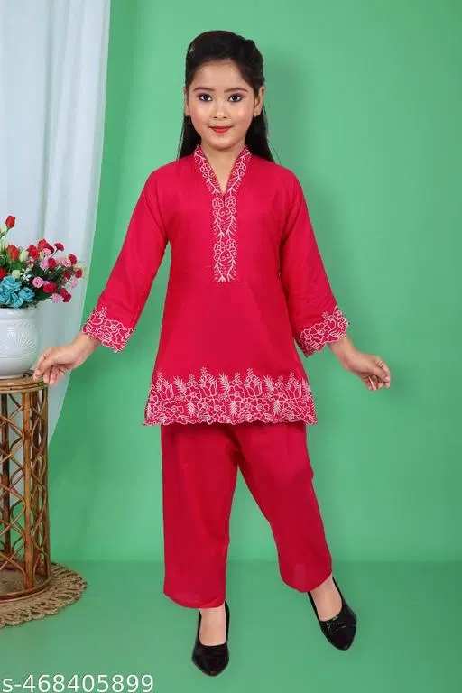Kurta Pyjama Dupatta Set for Girls (Pink, 6-7 Years)