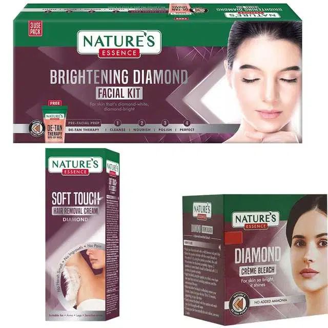 Combo of 1 Natures Brightning Diamond Facial Kit, 60 g & 1 Natures Diamond Hair Removal Cream, 30 g & 1 Natures Diamond Creme Bleach, 21 g, R482