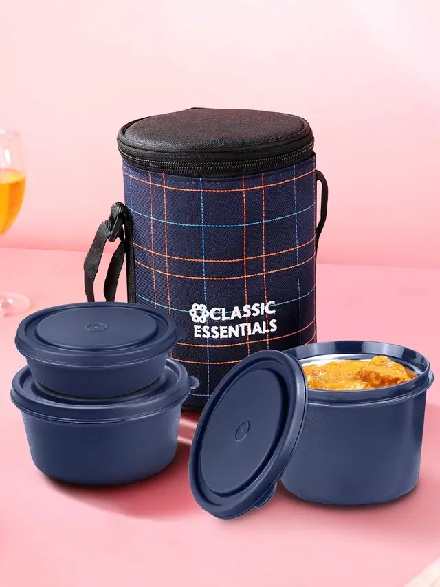 Stainless Steel Microwave Safe Insulated Leak Proof 3 Containers Lunch Box Set, Navy Blue, Set of 1