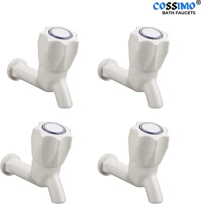 Plastic Short Body Bib Cock Tap with Wall Flange, White, Set of 4
