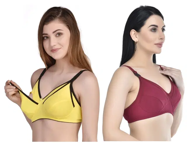 Cotton Blend Solid Non Padded Feeding Bras for Women, Pack of 2 (Multicolor, 36)