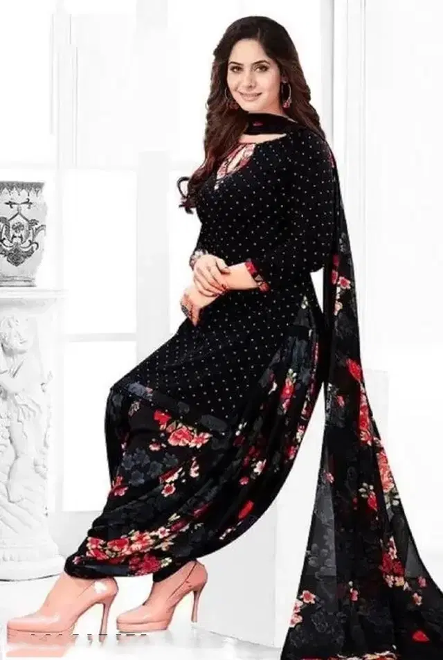 Crepe Polka Dots Unstitched Suit with Dupatta for Women, Black