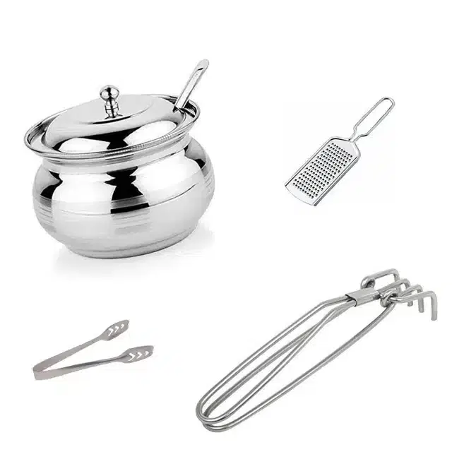 Stainless Steel Cheese Grater, Pakad, Momo Pakad, & Ghee Pot with Spoon, 250 ml, Combo of 4