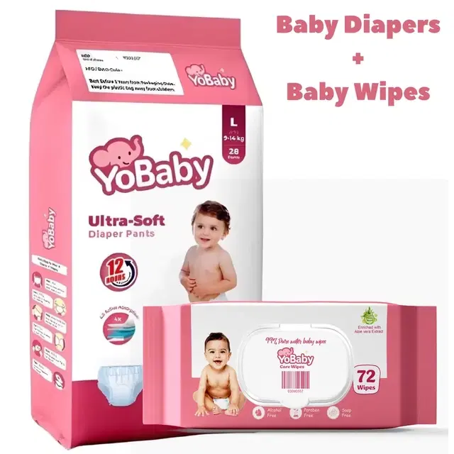 YoBaby Diaper Pants L - 28 Pcs + YoBaby Baby Wipes With Lid - 72 Wipes