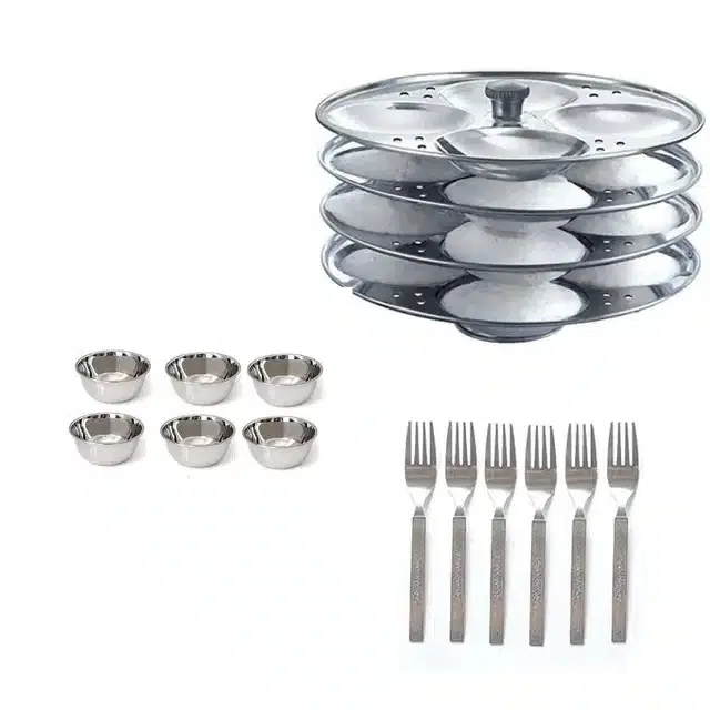 Stainless Steel 6 Chatni Katori,6 Steel fork & Idli Making Stand, Combo of 3