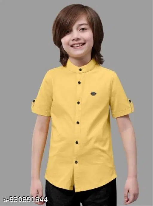 Solid Cotton Blend Mandarin Collar Short Sleeve Shirt for Boys (Lemon Yellow, 12-13 Years)