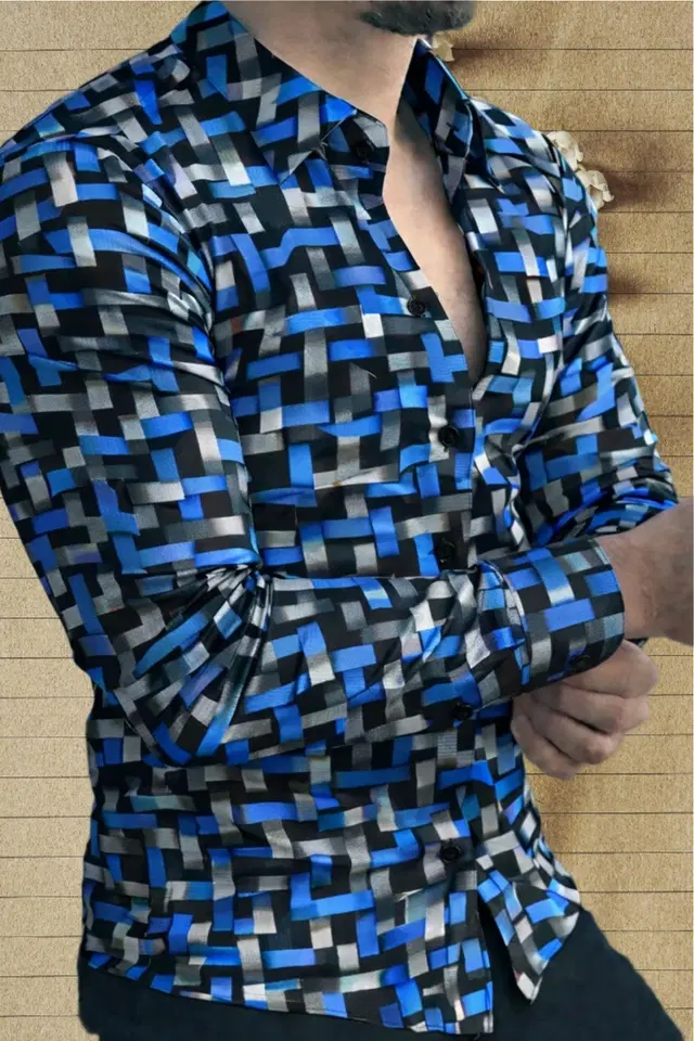 Lycra Geometric Print Shirt for Men, Blue (S)
