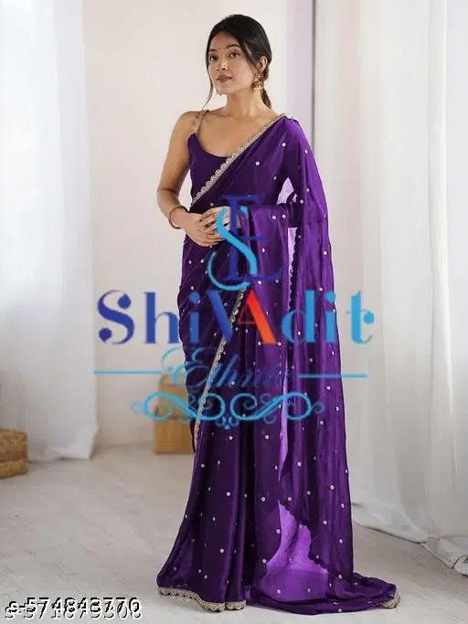 Georgette Applique Saree For Women, Purple