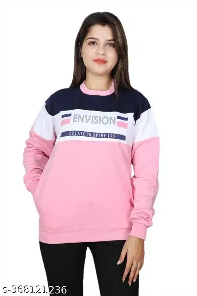 Fleece Round Neck Sweatshirt for Women (Pink & White, M)