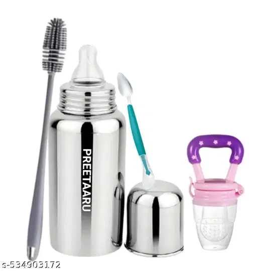 Baby Steel Feeding Bottlel,Fruit Nibbler, Bottle Cleaning Brush With Cutter Spoon