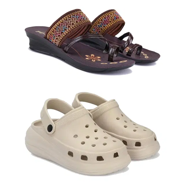 Combo of Sandals & Clogs for Women, Pack of 2 (Brown & Beige, 6)