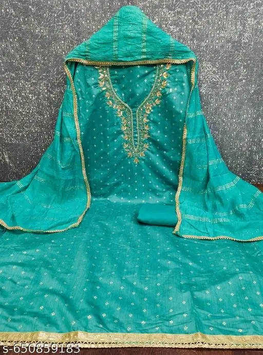 Chanderi Cotton Punjabi/All Over Suits Semi-Stitched Suits (Blue, 6.65 meter for Women (XXL)