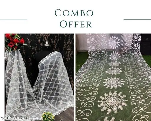 Botanical Aari Work Chikankari Banarasi Net Dupatta for Women, Pack of 2 (White, Free Size)