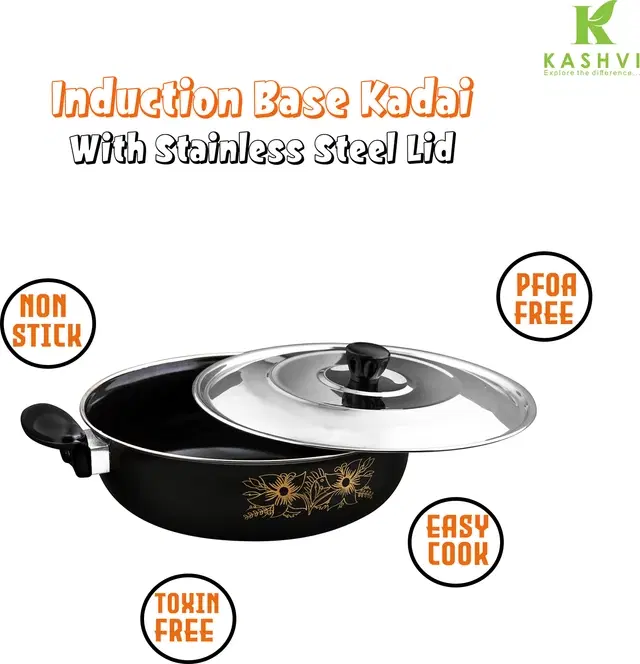 Cast Iron Kadai with Lid, Black & Silver, 28 cm
