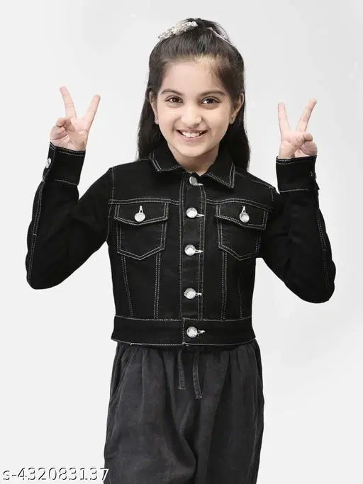 Cotton Blend Jacket for Girls (Black, 5-6 Years)