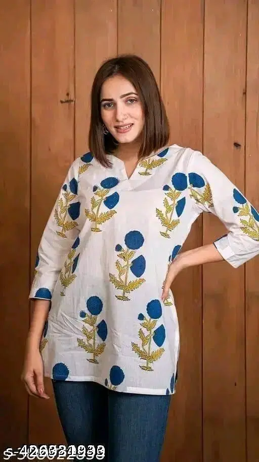 Rayon Printed Short Kurti for Women, White (XS)