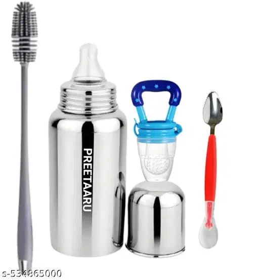 Steel Feeding Bottle ,Fruit Nibbler,Bottle Cleaning Brush With Cutter Spoon