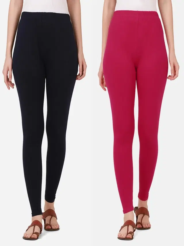 Cotton Solid Leggings for Women, Pack of 2 (Navy Blue & Pink, S)