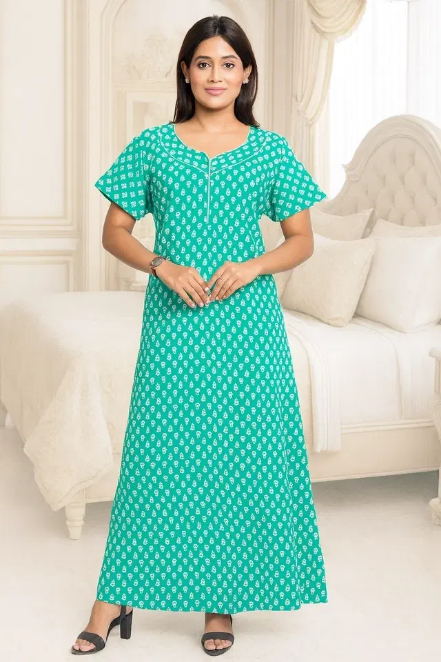 Green Floral Printed Pure Cotton Maxi Women's Nighty, Free Size